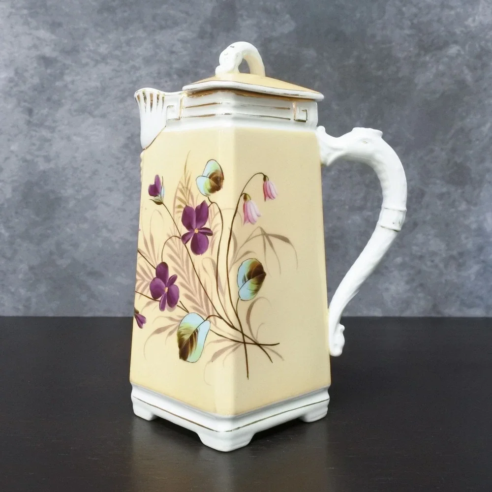 Antique Hand Painted Violet Floral Porcelain Coffee Pot